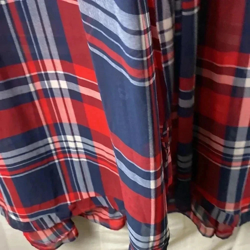 TORRID WO‎ SIZE 0/00 (10/12) LONG NAVY RED PLAID. SHEER OPEN FRONT DUSTER - Picture 5 of 10